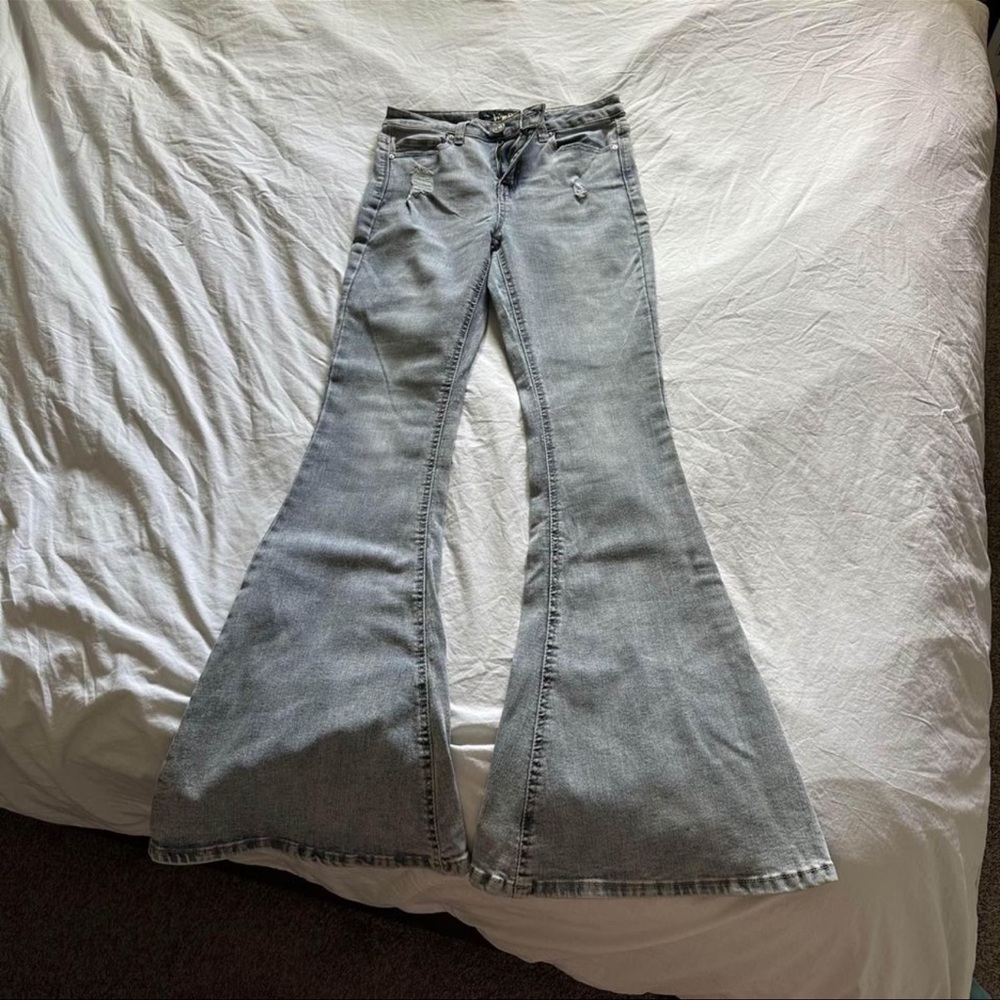 Indigo Rein Light Gray Distressed Flare Jeans